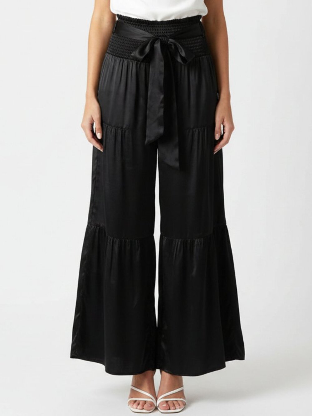 Angie Black Satin Wide Leg Flair Palazzo Pants NEW S
